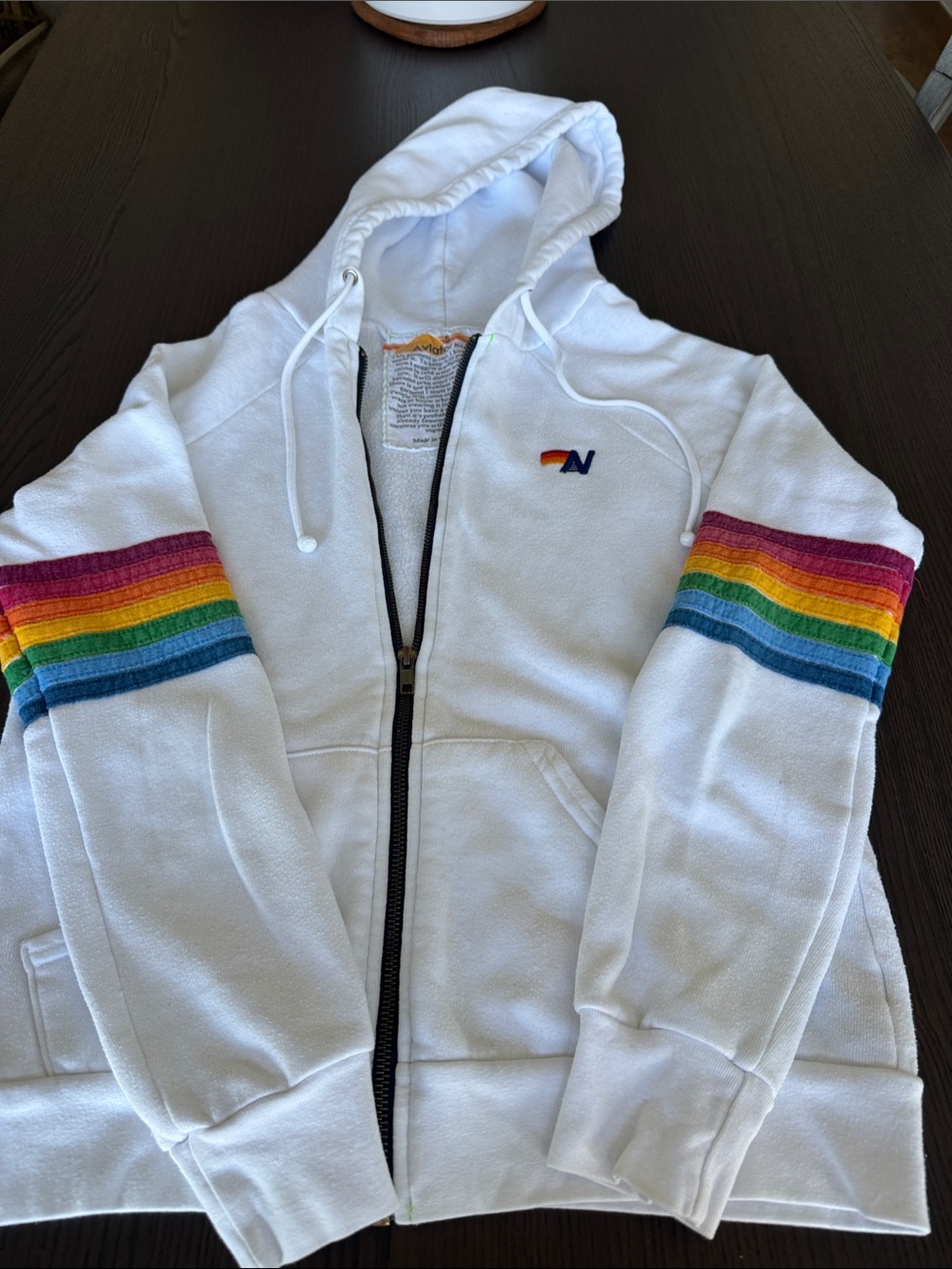 Aviator Nation White Zip Hoodie with Rainbow Sleeve Stripes